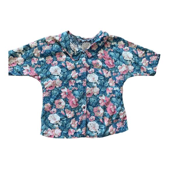 Vintage 90s Dark Floral Button Up Shirt Blue Pink Green Peter Pan Collar Cottage - Picture 11 of 11